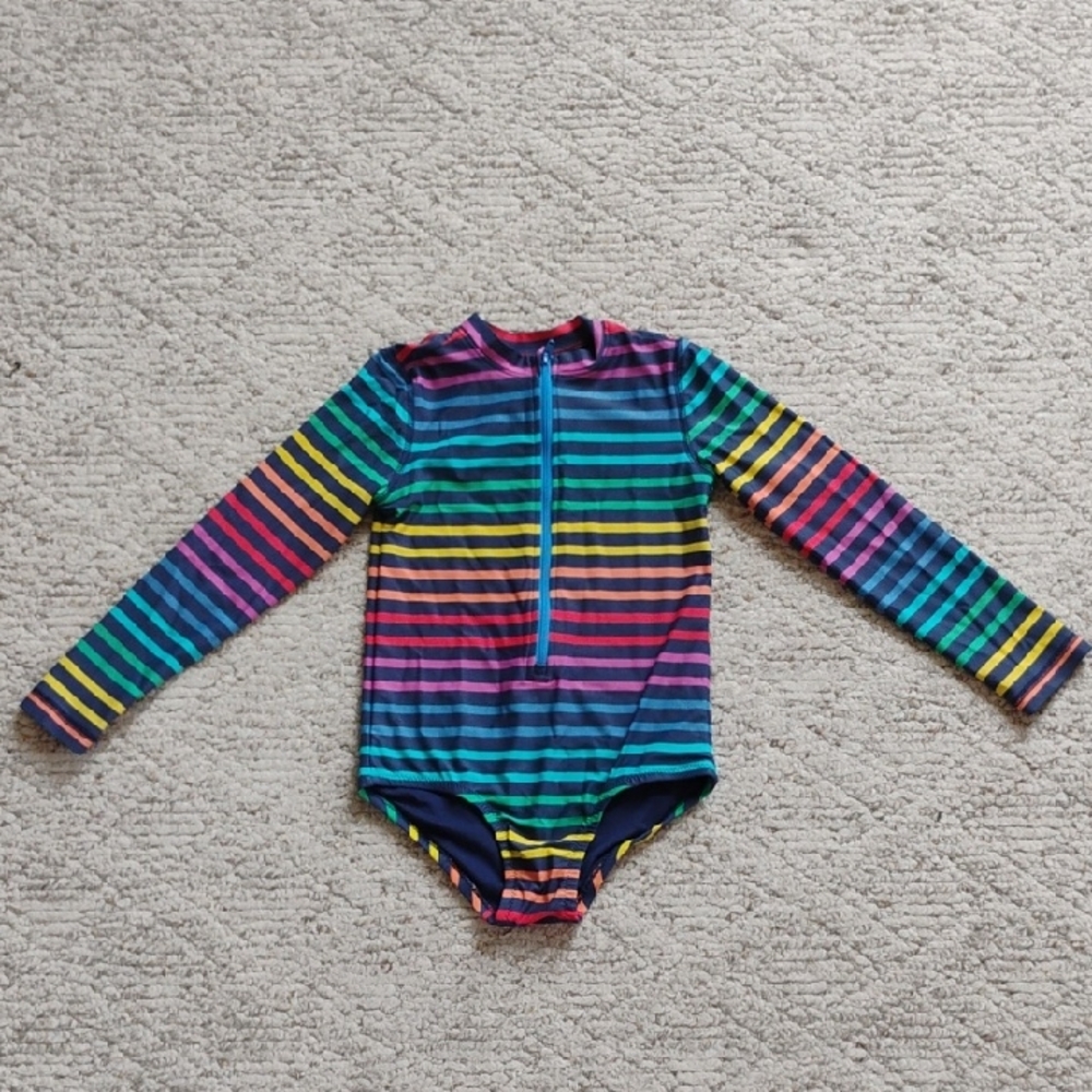 Primary Rainbow Striped Kids Swim Rashguard Size 4-5